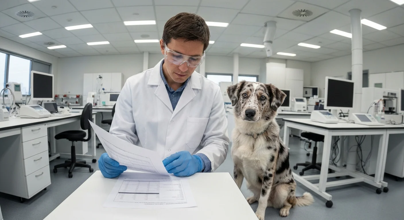 Genetics scientist examining merle coat pattern dog with test results documentation
