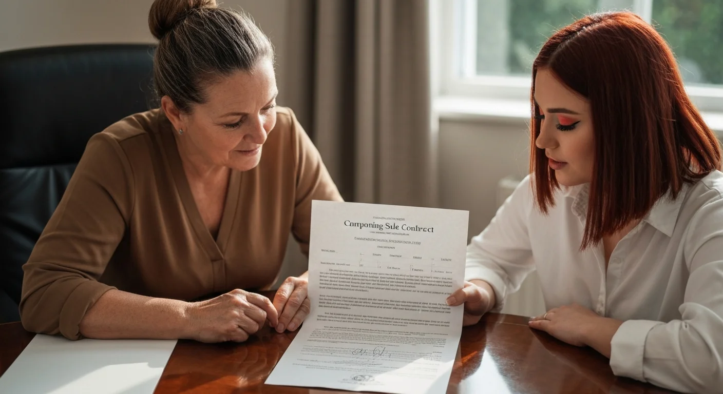 Breeder and puppy buyer reviewing detailed breeding sale contract documentation