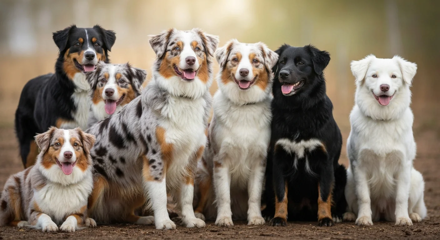 Australian Shepherd dogs showing variety of coat colors including merle and solid