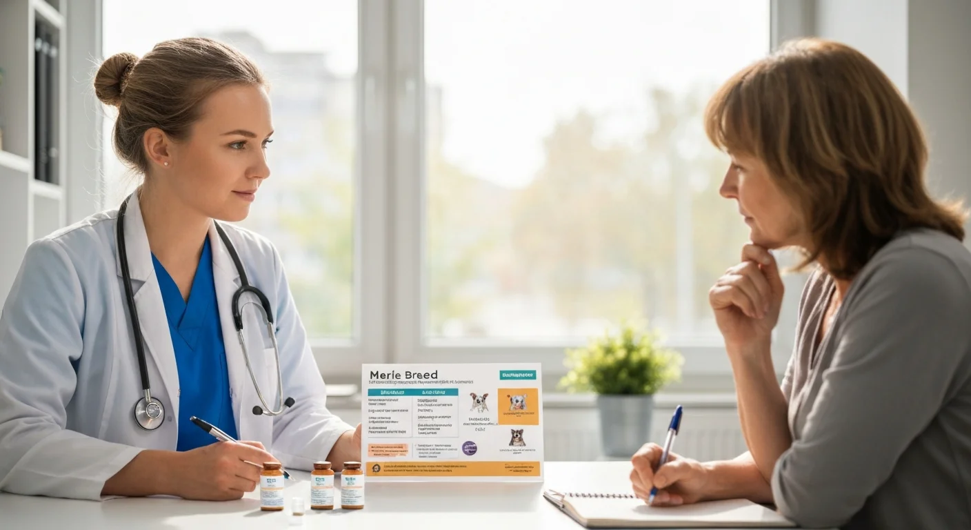 Veterinarian discussing nutritional supplement recommendations for merle breed dogs