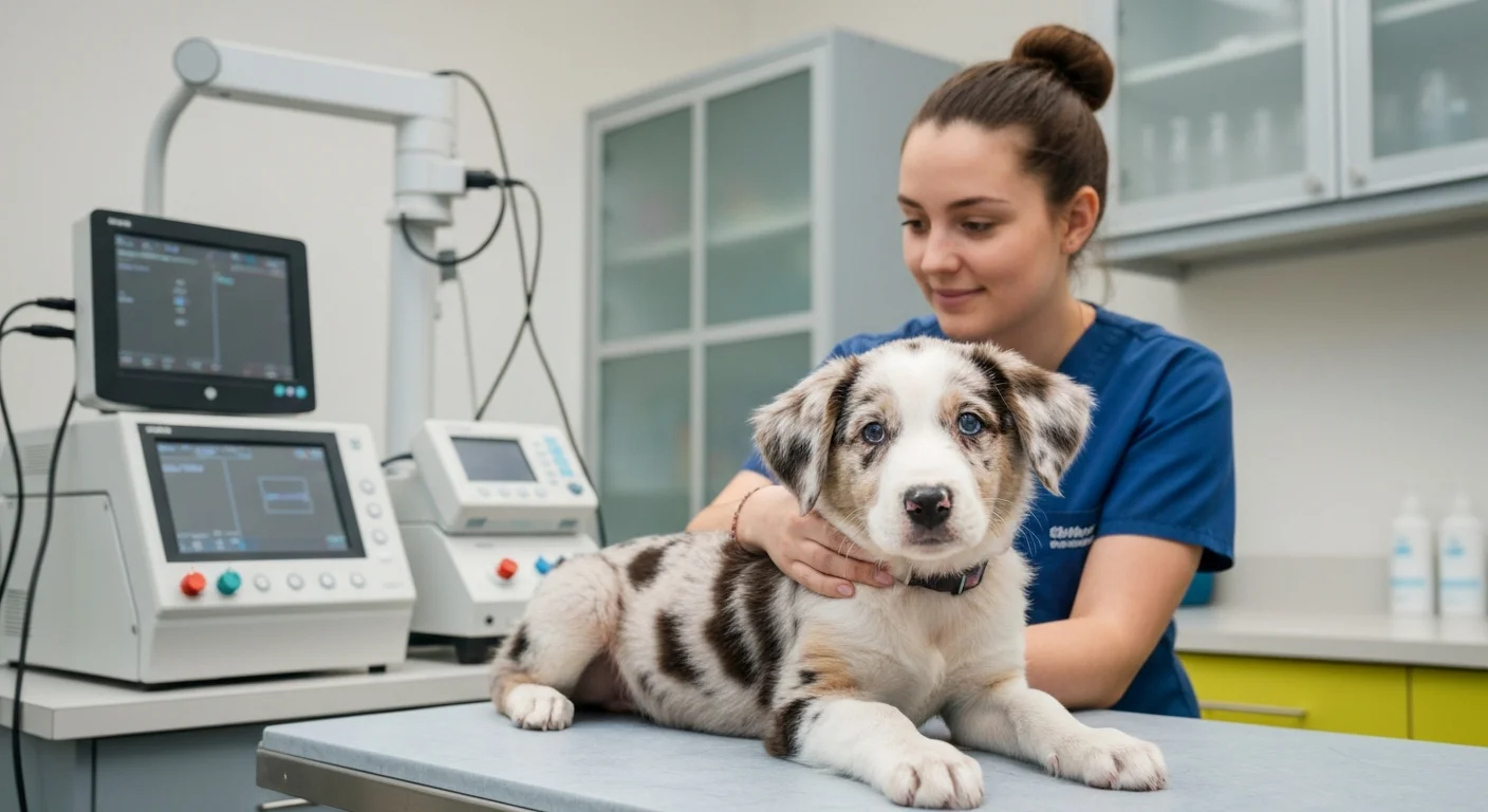BAER hearing test being performed on young merle puppy at veterinary clinic