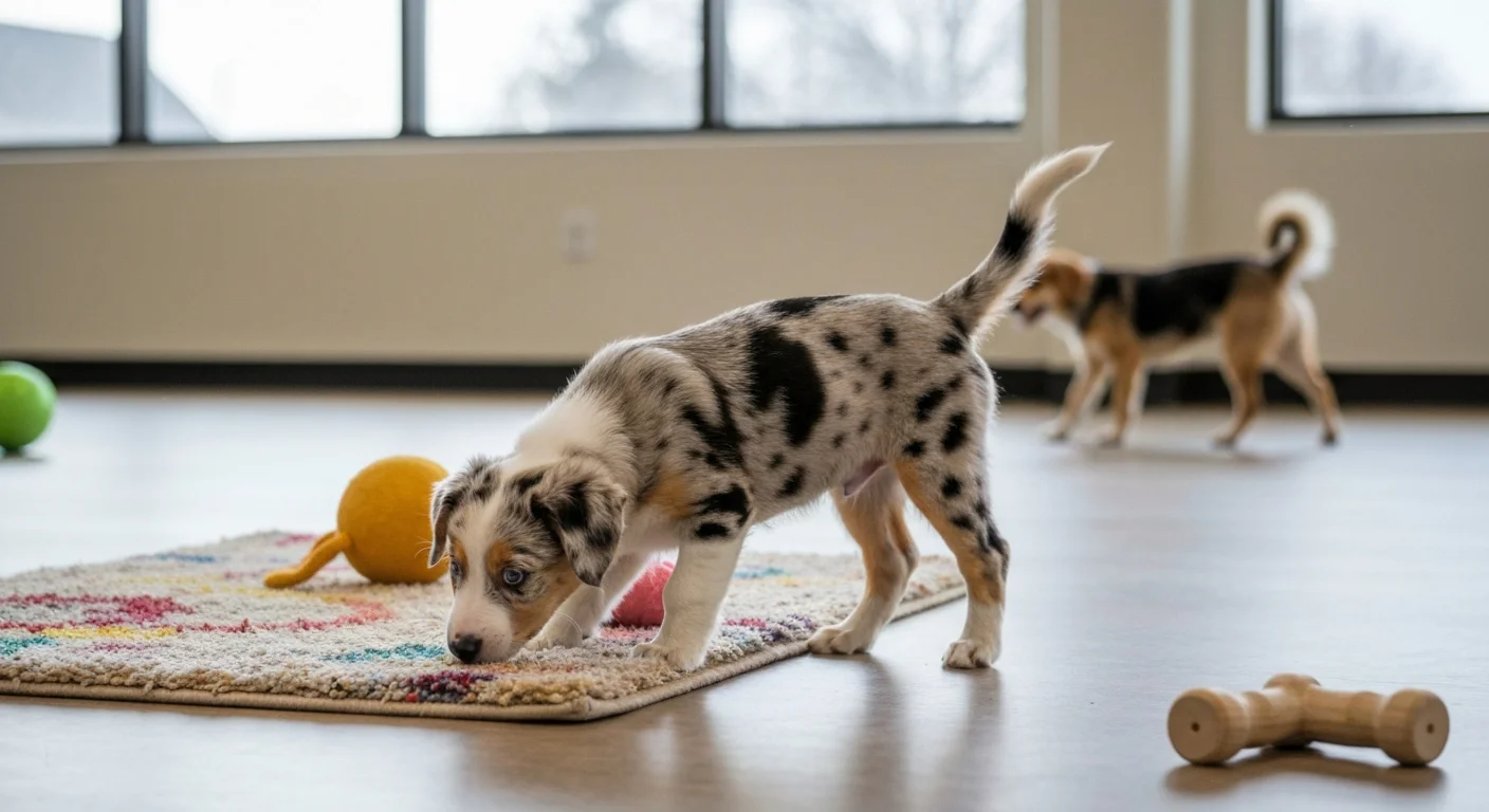 Young merle puppy exploring new textures and sounds in controlled socialization session