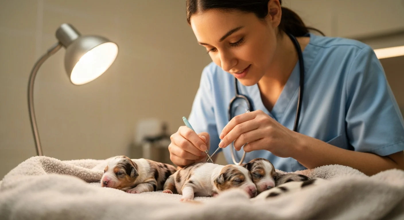 Veterinarian performing neonatal health checks on merle puppies shortly after birth